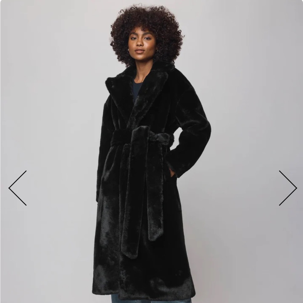 Splendid Lucia tie waist long black faux fur coat. Size S. NWOT